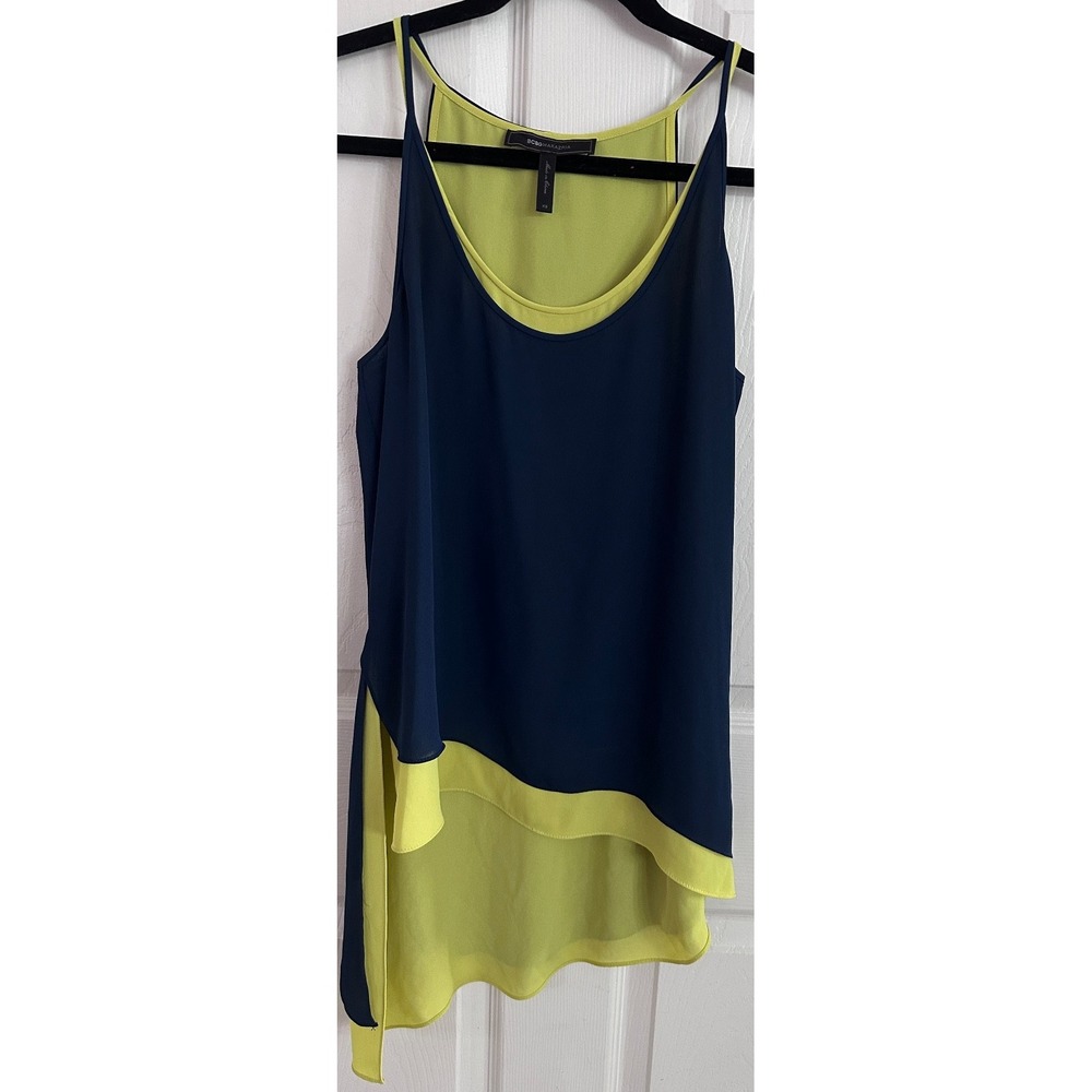BCBGMAXAZRIA Hanne XS Navy Lime Layered Womens Blouse Tank Top Asymmetrical Y2K